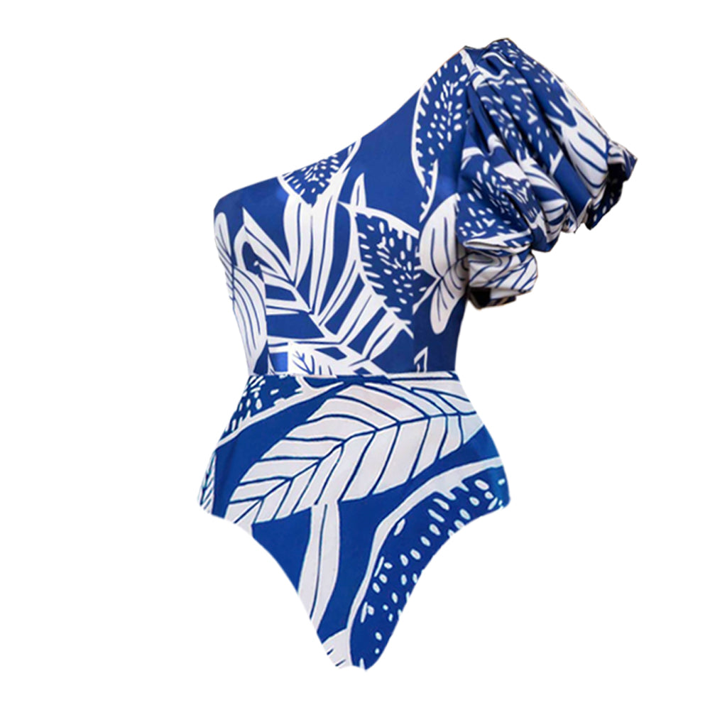 One Shoulder Leaf Printed One Piece Swimsuit and Skirt