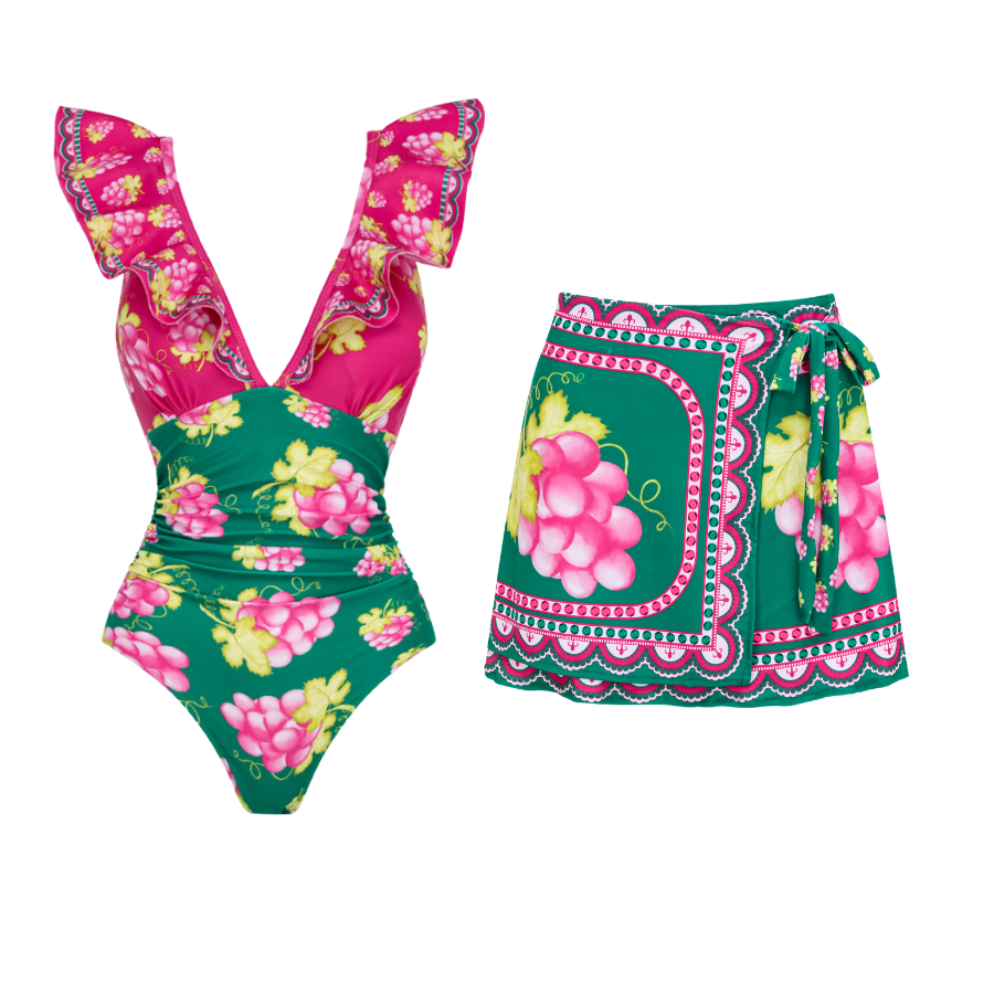 Plus Size Ruffled Deep V Retro Green Grapes Print One Piece Swimsuit and Skirt
