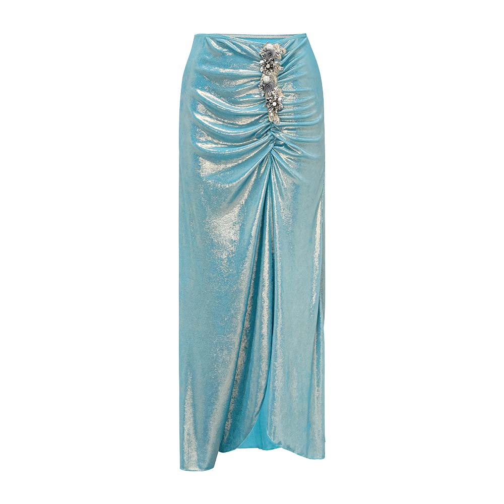 Plus Size Shiny Beaded Flowers Deep V-neck One Piece Swimsuit and Split Skirt