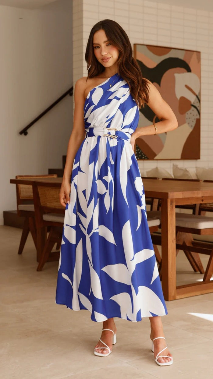 Oblique Shoulder Printed Dress