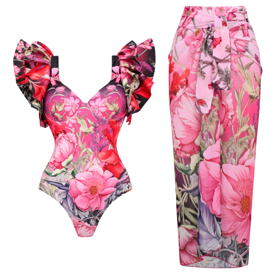 Plus Size Ruffled Blooming Flowers Print One Piece Swimsuit and Sarong