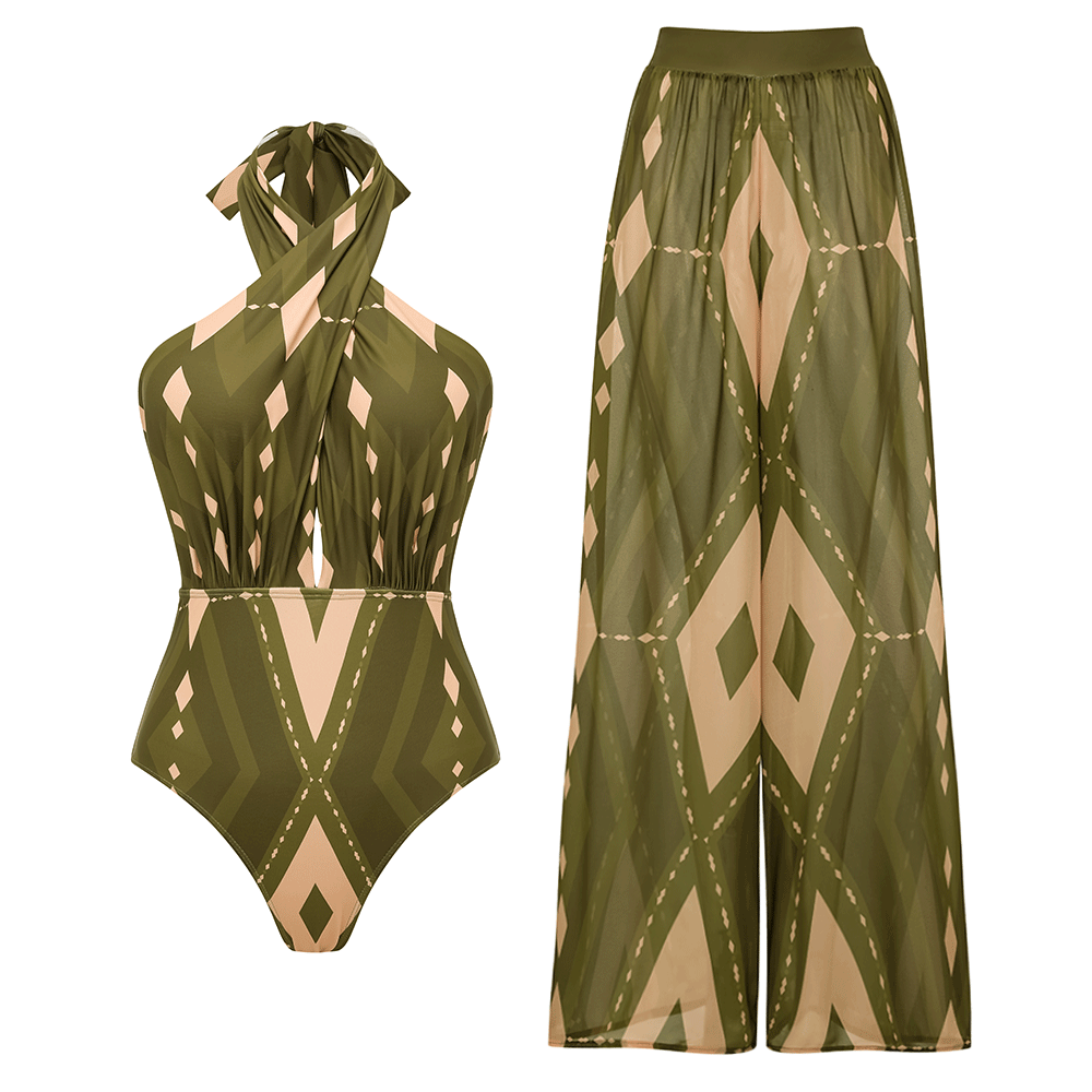 Plus Size Halter Neck Geometric Pattern Print One Piece Swimsuit and Pants