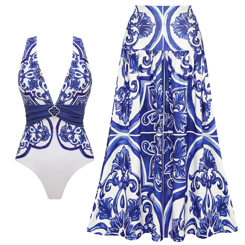 V Neck Classic Majolica Series Pattern Print One Piece Swimsuit and Pants or Shorts