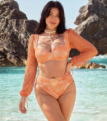 Plus Size Shell Print Long Sleeve One Piece Swimsuit