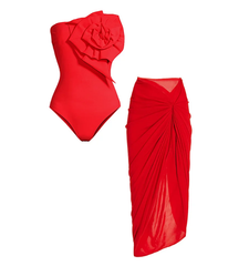 Plus Size 3D Flower Removable Strap Red One Piece Swimsuit and Sarong Flaxmaker