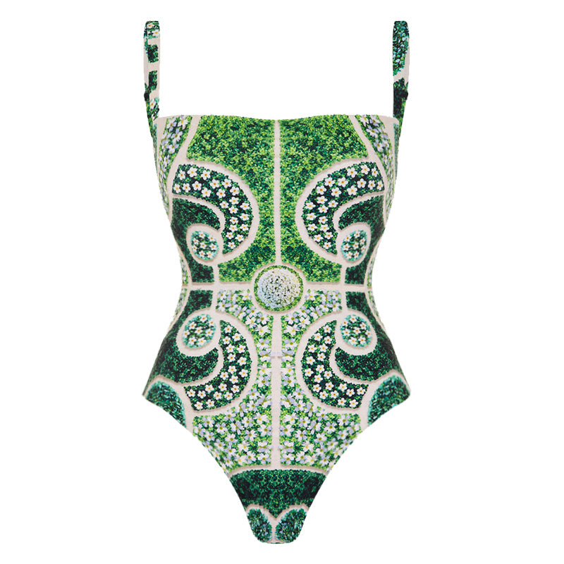 Plus Size Garden Printed One Piece Swimsuit and Sarong
