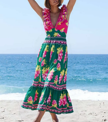 Plus Size Ruffled Deep V Retro Green Grapes Print One Piece Swimsuit and Skirt