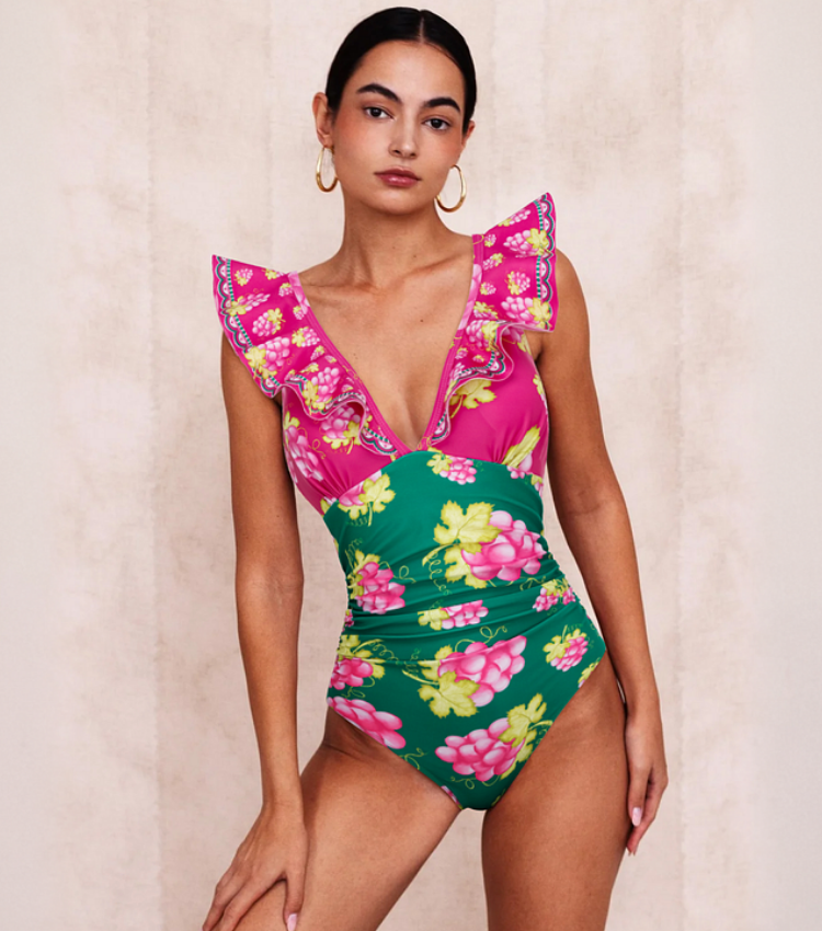 Plus Size Ruffled Deep V Retro Green Grapes Print One Piece Swimsuit and Skirt