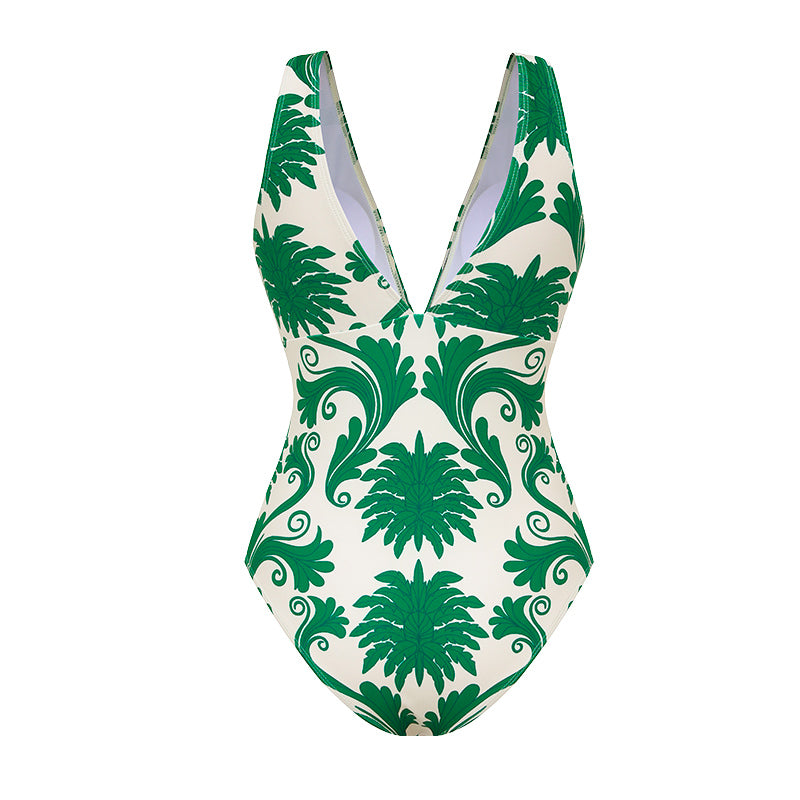 Plus Size V Neck Green Printed Knotted at Waist Tummy Control One piece Swimsuit and Skirts or Pants