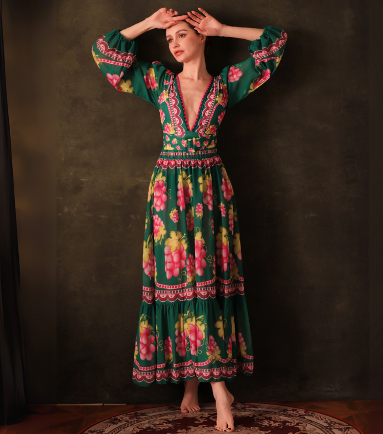Plus Size Long-sleeved Retro Green Grapes Print One Piece Swimsuit and Skirt