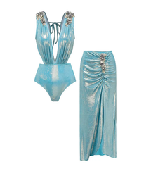 Plus Size Shiny Beaded Flowers Deep V-neck One Piece Swimsuit and Split Skirt