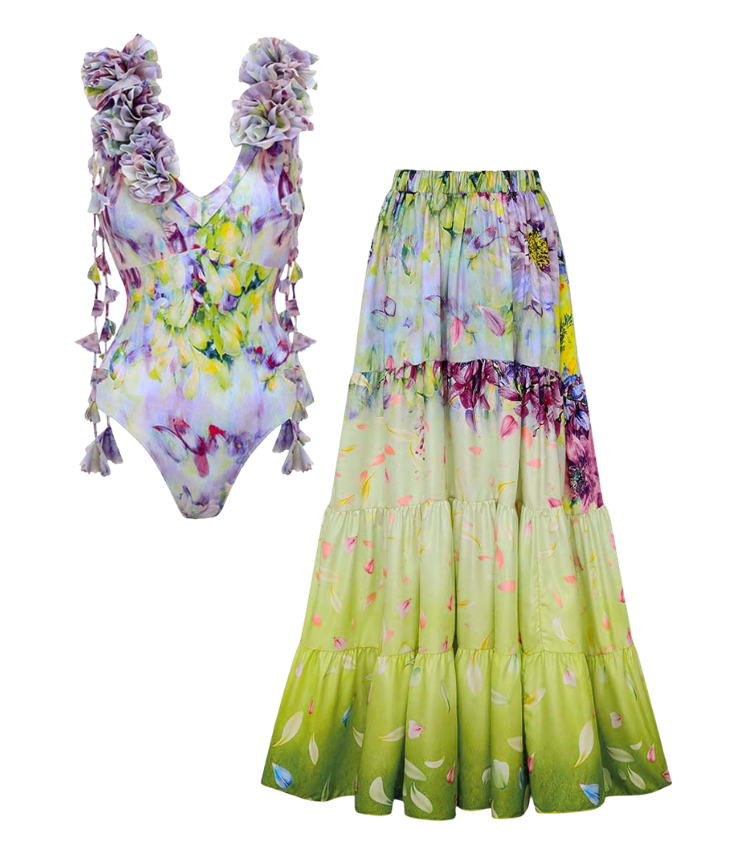 Plus Size Gradient Flowers Printed One Piece Swimsuit and Skirt