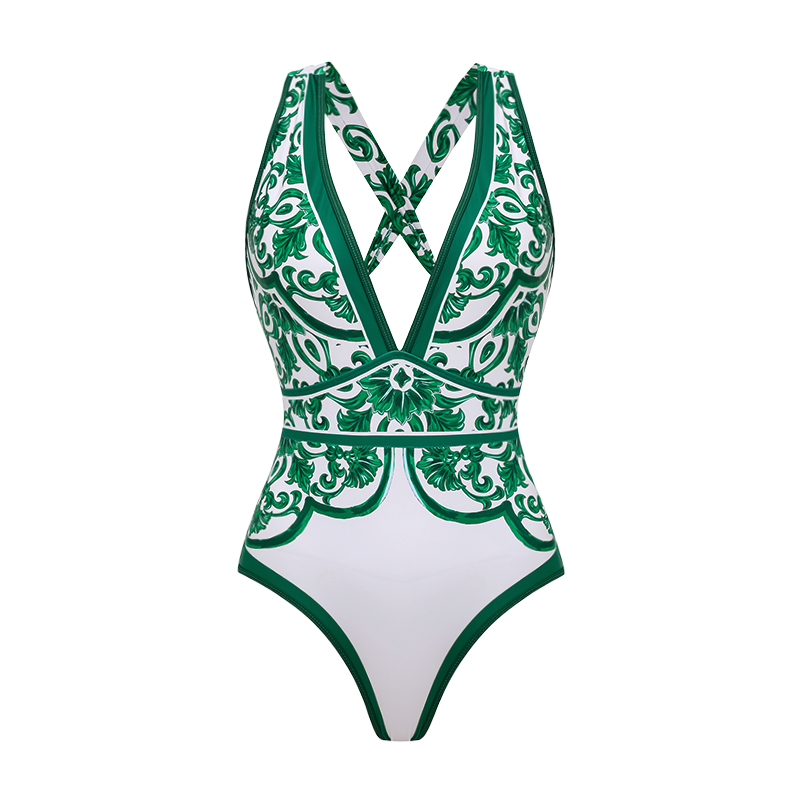 V Neck Classic Majolica Series Pattern Print One Piece Swimsuit and Pants or Skirt