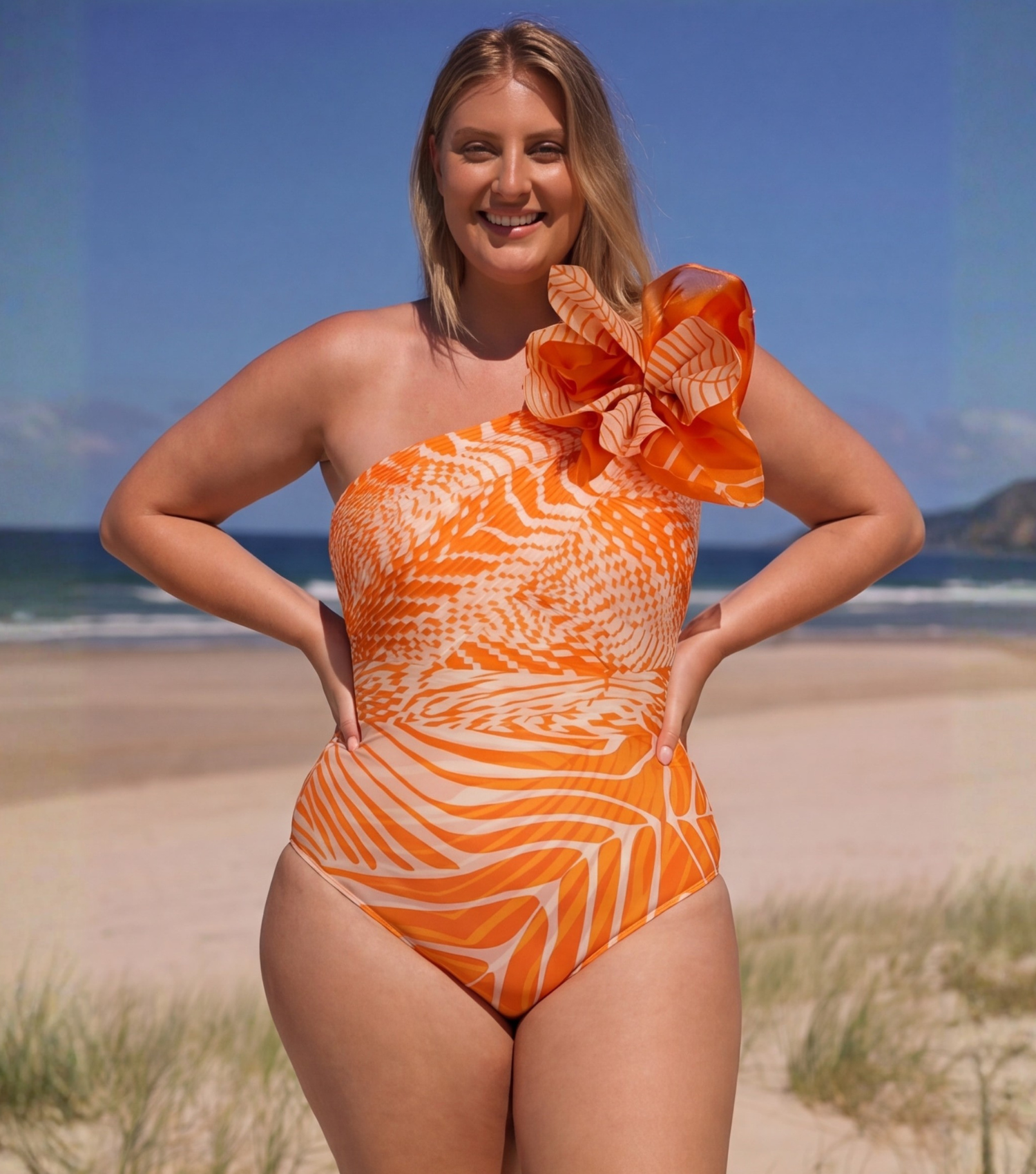 Plus Size 3D Flower Printed One Piece Swimsuit and Skirt Flaxmaker