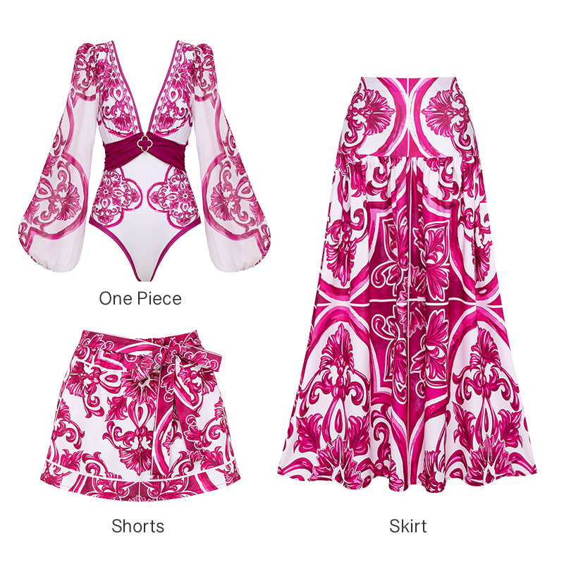 Long-Sleeved Classic Majolica Series Pattern Print One Piece Swimsuit and Skirt or Shorts