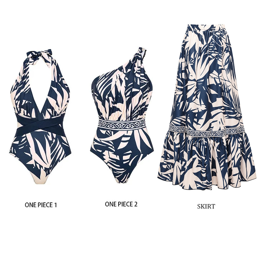 Plus Size V Neck Leaves Print One Piece Swimsuit and Pants/Skirt