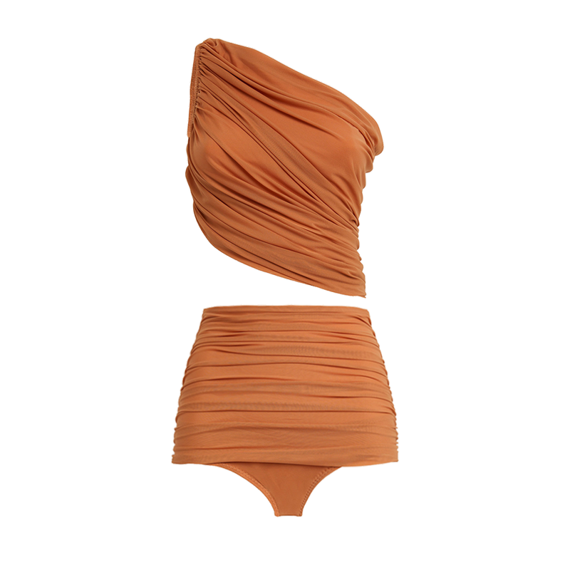 Plus Size One Shoulder Ruched Rust High Waist Bikini Swimsuit and Sarong Flaxmaker
