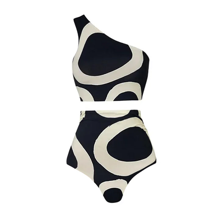 Plus Size One Shoulder High Waist Printed Bikini Swimsuit and Sarong Flaxmaker