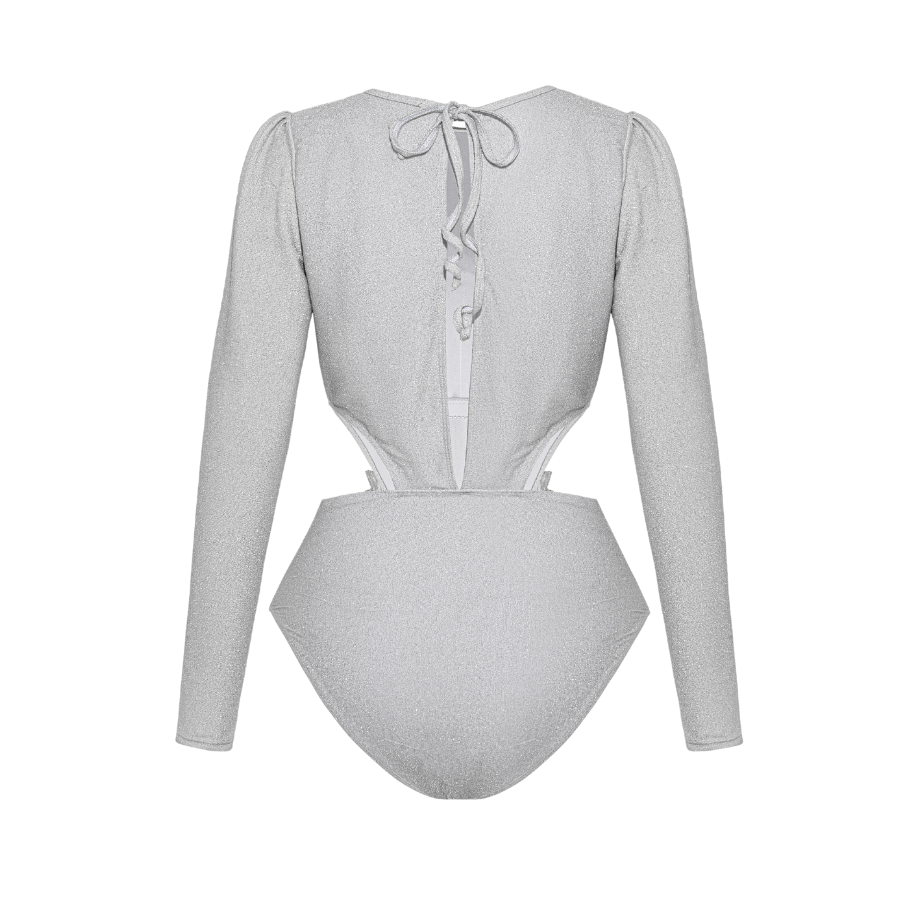 Plus Size Silver Embroidered Long Sleeves Cutout Swimsuit and Sarong