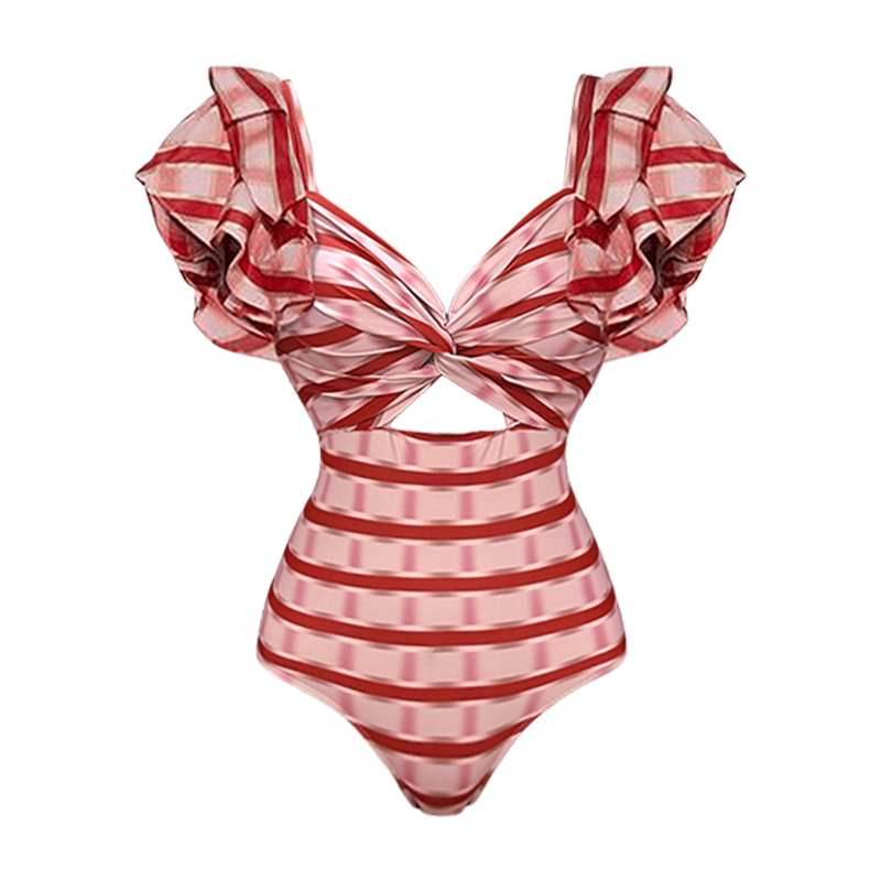 Plus Size Ruffle Red Striped Printed Cut Out One Piece Swimsuit and Skirt