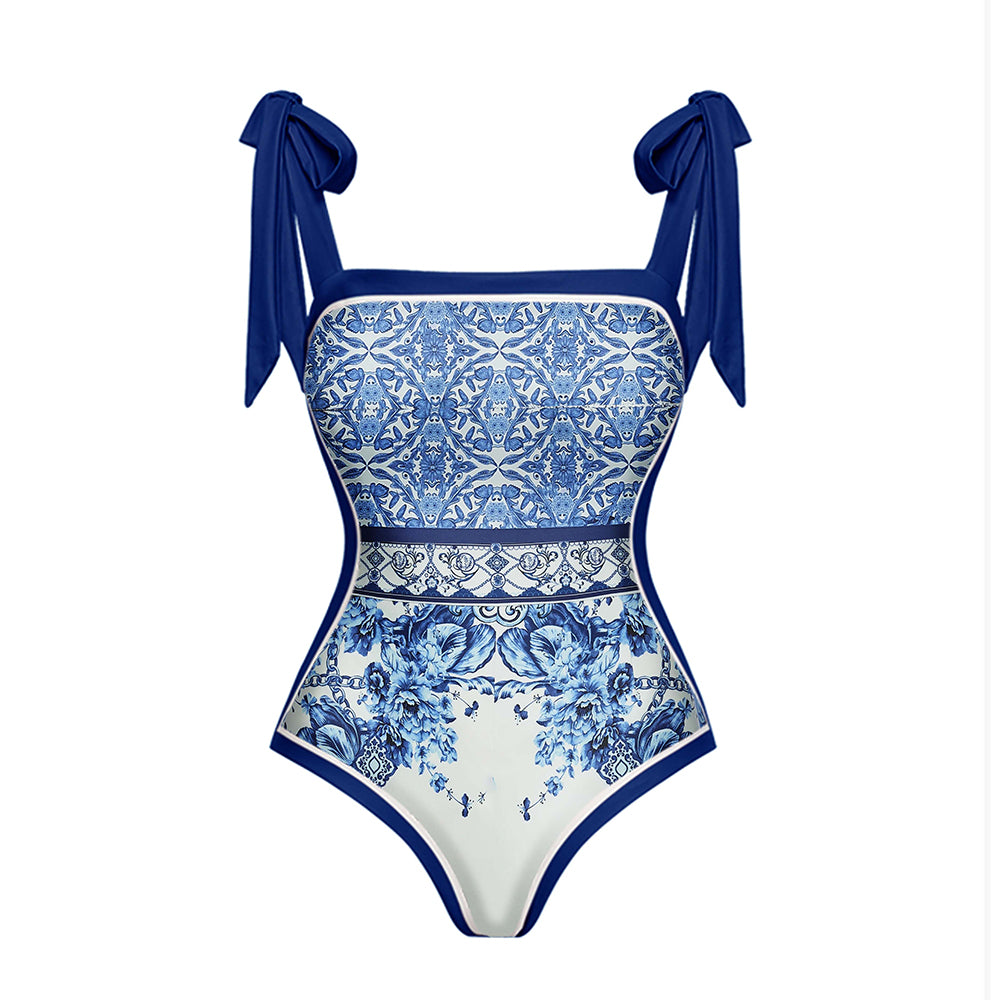 Plus Size Blue and White Porcelain One Piece Swimsuit and Skirt