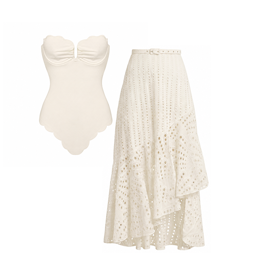 Plus Size Detachable Shoulder Straps White Color Laser Cutting Swimsuit Set(s)