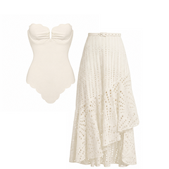 Plus Size Detachable Shoulder Straps White Color Laser Cutting Swimsuit Set(s)