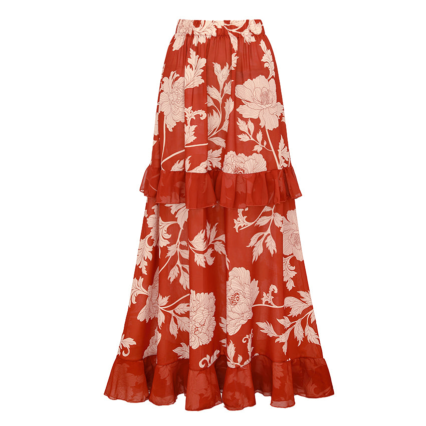 Bandeau Red Flower Print Cut Out Splicing Swimsuit Set(s)