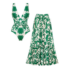 Plus Size V Neck Green Printed Knotted at Waist Tummy Control One piece Swimsuit and Skirts or Pants