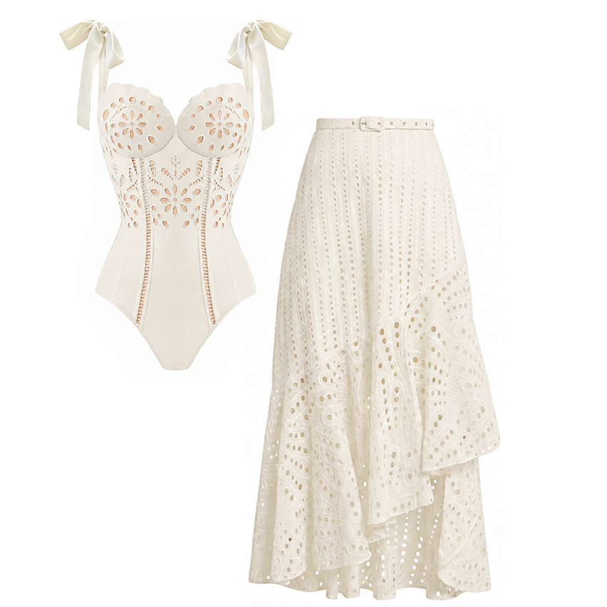 Plus Size White Color Laser Cutting Flower Swimsuit Set(s)