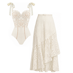 Plus Size White Color Laser Cutting Flower Swimsuit Set(s)