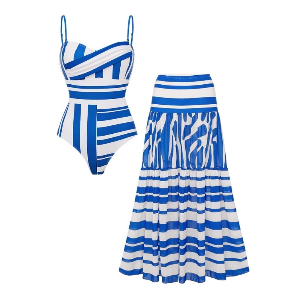 Sling Water Ripple Printed One Piece Swimsuit and Striped Skirt Flaxmaker