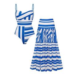 Plus Size Sling Water Ripple Printed One Piece Swimsuit and Striped Skirt Flaxmaker