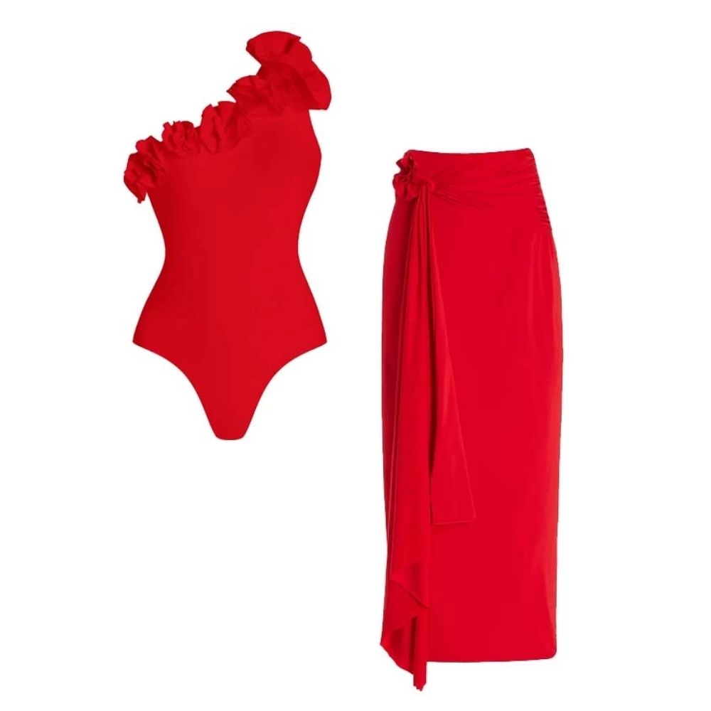 Plus Size One Shoulder 3D Flower Red Solid Color One Piece Swimsuit and Skirt