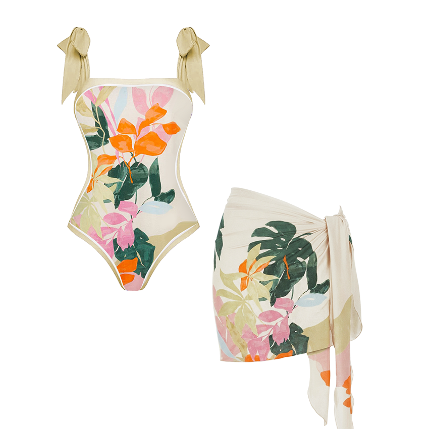 Bow-Tie Shoulder Tropical Floral Print Swimsuit Set(s)
