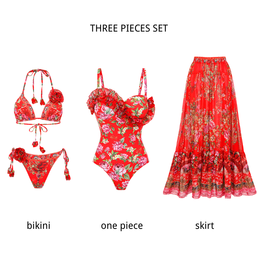3D Red Flowers Triangle Cup Swimsuit Set(s)
