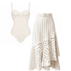 Detachable Shoulder Straps White Color Laser Cutting Swimsuit Set(s)