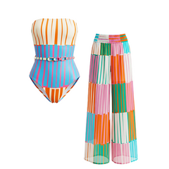 Strapless Colorful Striped Print Swimsuit Set(s)
