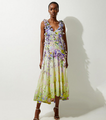 Gradient Flowers Printed One Piece Swimsuit and Skirt