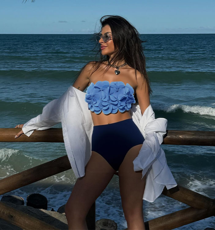 Bandeau 3D Flower Bikini Swimsuit and Skirt