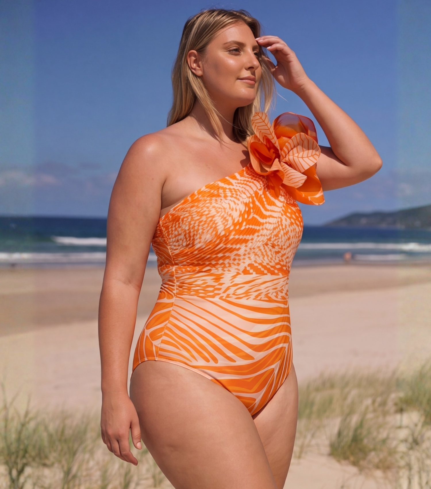Plus Size 3D Flower Printed One Piece Swimsuit and Skirt Flaxmaker