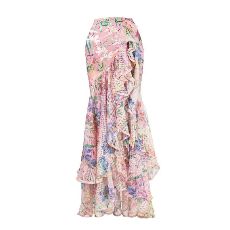 Floral Print One Piece Swimsuit and Mesh Splicing Skirt Flaxmaker