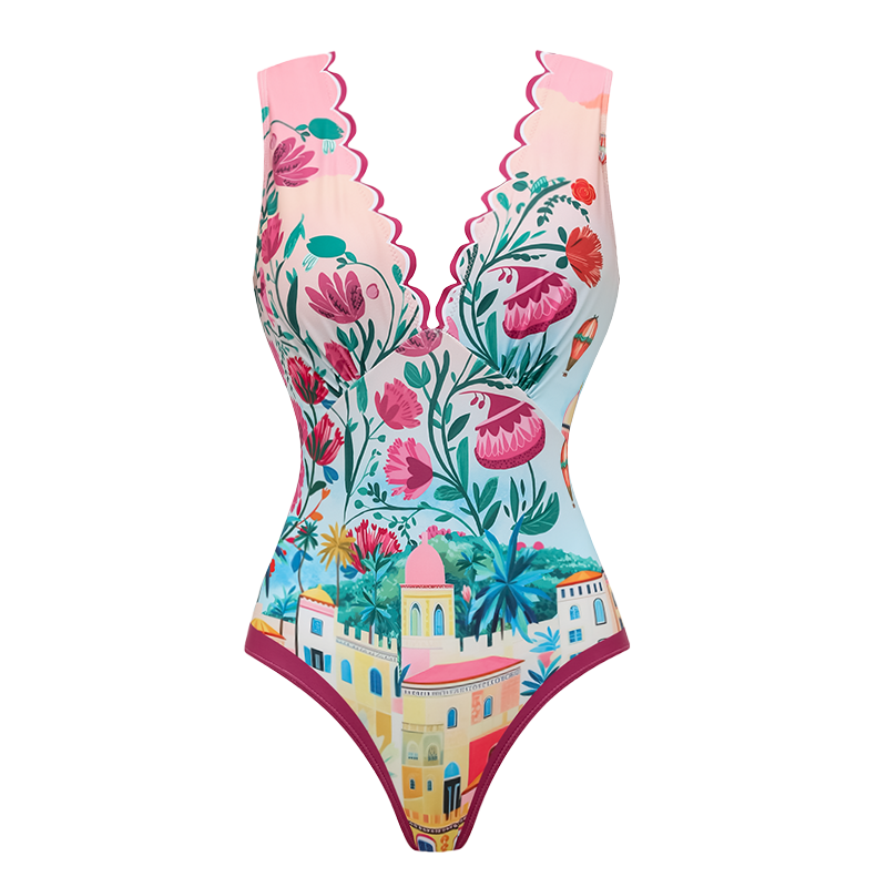 Plus Size Scallop Cut Neck One Piece Swimsuit and Skirt