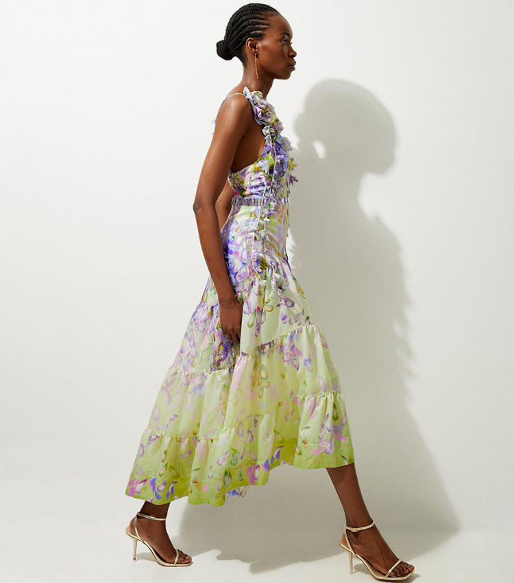 Plus Size Gradient Flowers Printed One Piece Swimsuit and Skirt