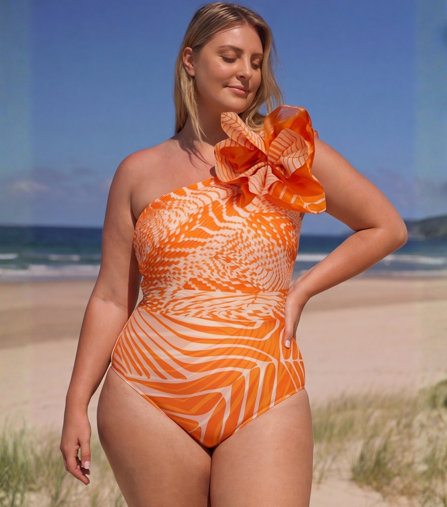 Plus Size 3D Flower Printed One Piece Swimsuit and Skirt Flaxmaker
