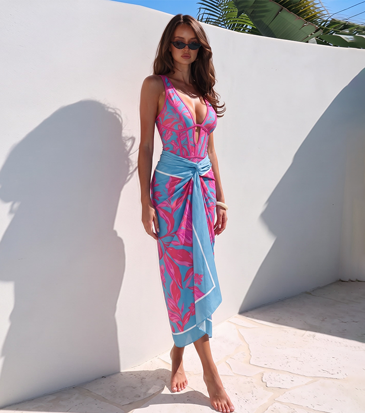 V Neck Miami Blossom Print Swimsuit Set(s)