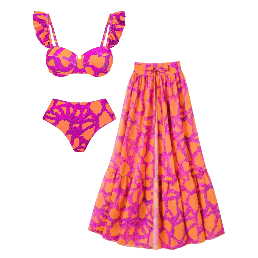 Plus Size Ruffled Starp Push Up High Waist Bikini Swimsuit and Skirt Flaxmaker