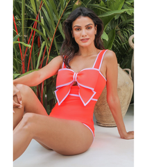 Bow Front Cut Out Color Block One Piece Swimsuit and Skirt Flaxmaker