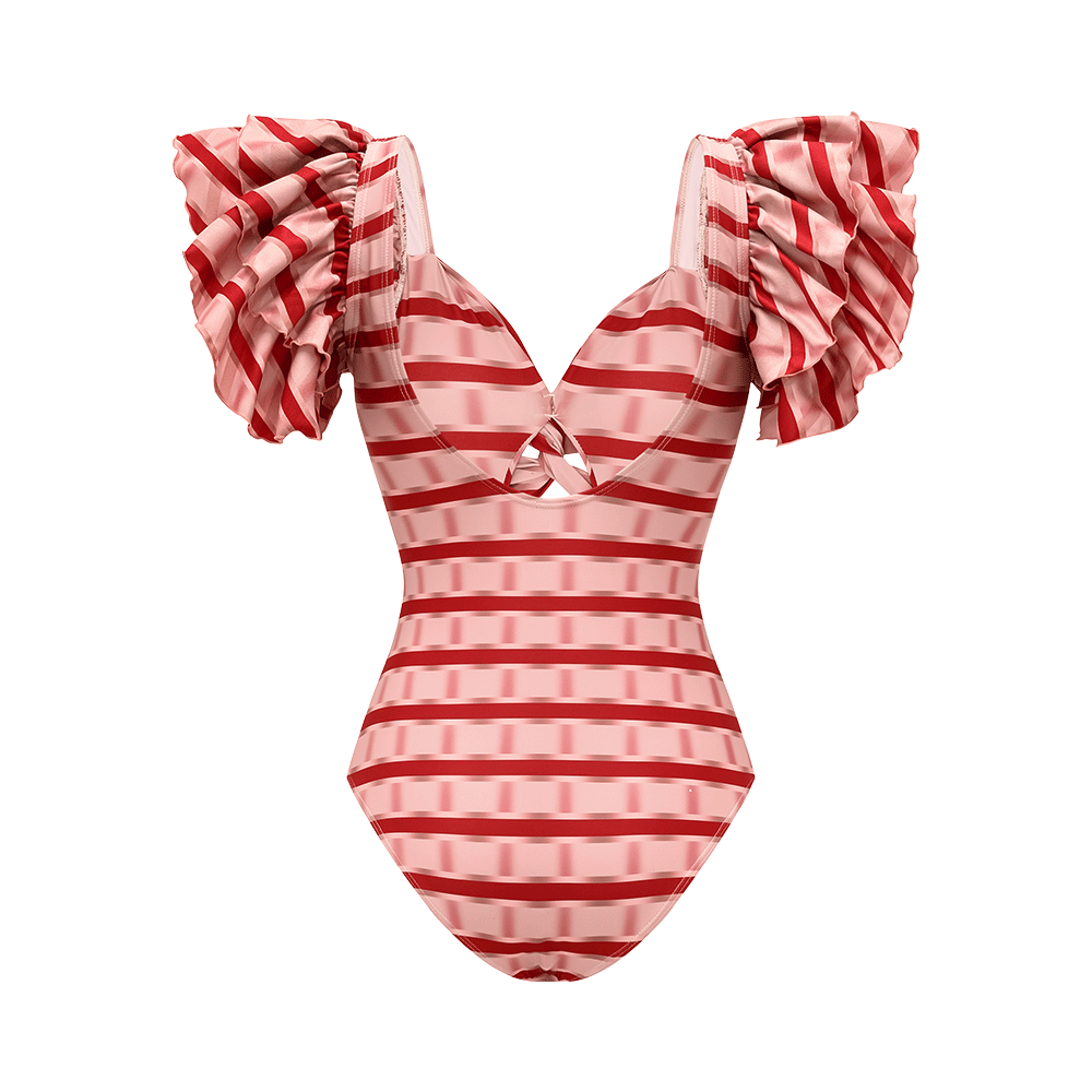 Plus Size Ruffle Red Striped Printed Cut Out One Piece Swimsuit and Skirt