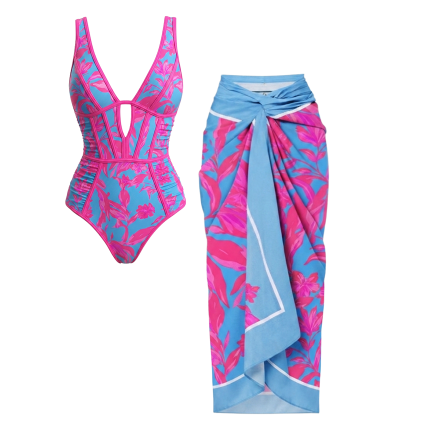 V Neck Miami Blossom Print Swimsuit Set(s)